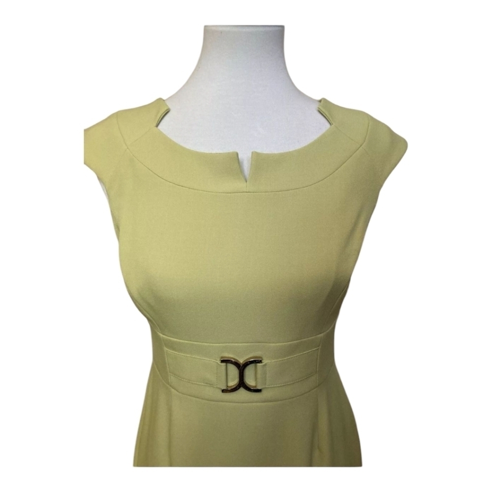 Tahari ASL Chartreuse Belted Sheath Dress Cap Sleeve Knee Length Workwear Sz 12 - Picture 5 of 10